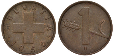 Швейцария 1 раппен 1950 в KM 46 бронза 4124-524