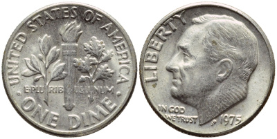 США 10 ЦЕНТОВ = 1 ДАЙМ 1975 РУЗВЕЛЬТ KM 195а медь плакированная медно-никелем 4396-441