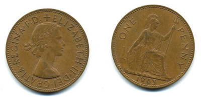 Великобритания 1 пенни 1963 Елизавета II (1952-2022) КМ 897, Spink 4157 бронза 4110-334