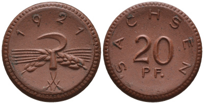 Саксония 20 пфеннигов 1921 колосья и серп J. N 53 фарфор UNC 1094-8-64