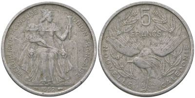 Французская Новая Каледония 5 франков 1952 птица кагу, (IEOM) KM 4, Schoen 4, Lec 71 алюминий 180-141