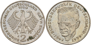 ФРГ 2 марки 1980 J, Курт Шумахер KM 149, J. 424 медно-никель 4159-1246