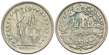 Швейцария 1/2 франка 1960 В KM 23 серебро 4576-933