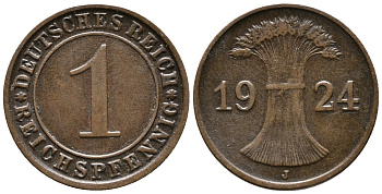 ГЕРМАНИЯ 1 РЕЙХСПФЕННИГ 1924 J KM 37, J. 313 бронза 39-839