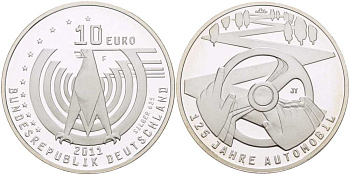 ФРГ 10 евро 2011 F, 125 лет первому автомобилю KM 296, DE.S 10.56 медно-никель BUNC 1082-9-32