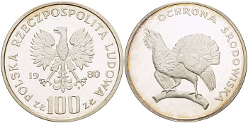 Польша 100 злотых 1980 MW, серия охрана окружающей среды, тетерев, глухарь KM 121, Parchimowicz 290 серебро PROOF 1085-1-31
