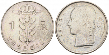 БЕЛЬГИЯ 1 ФРАНК 1970 BELGIE KM 143.1 медно-никель 68-527