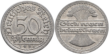 Германия 50 пфеннигов 1921 F KM 27, J.301, Weege 10 алюминий UNC 4584-746