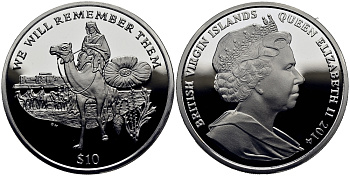 Британские Виргинские острова 10 долларов 2014 в память героев первой мировой войны, солдат верхом на верблюде KM NEW серебро  PROOF 1071-1-54