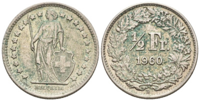 Швейцария 1/2 франка 1960 В KM 23 серебро 4576-933