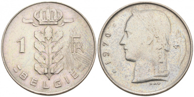 БЕЛЬГИЯ 1 ФРАНК 1970 BELGIE KM 143.1 медно-никель 68-527
