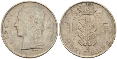БЕЛЬГИЯ 1 ФРАНК 1967 BELGIQUE, БОДУЭН I (1951-1993) KM 142.1 медно-никель 202-1032