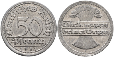 Германия 50 пфеннигов 1921 F KM 27, J.301, Weege 10 алюминий UNC 4584-746