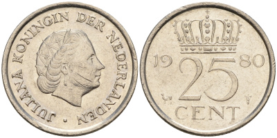 Нидерланды 25 центов 1980 Юлиана (1949-1980) КМ 183 никель    4124-159