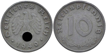 ГЕРМАНИЯ 10 РЕЙХСПФЕННИГОВ 1940 D KM 101, J. 371 цинк 4401-834