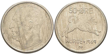 Норвегия 50 эре 1969 Улаф V (1957-1991), собака KM 408 медно-никель 4402-127
