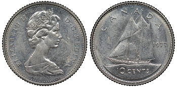 Канада 10 центов 1977 Елизавета II (1952-2022), парусник KM 77.1 никель 4124-517