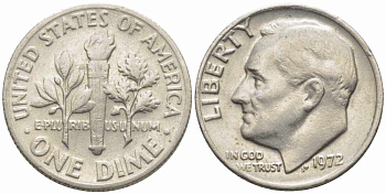 США 10 ЦЕНТОВ = 1 ДАЙМ 1972 РУЗВЕЛЬТ KM 195а медь плакированная медно-никелем 112-422