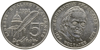 Франция 5 франков 1994 300 лет со дня рождения Вольтера KM 1063, Le Franc 344.2 медно-никель плакированный никелем 91-145