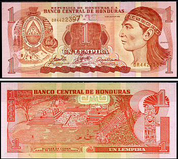 Гондурас 1 лемпира 2006 Индейский вождь Лемпира, руины древних Майя Pick 84e бумага UNC (пресс) 6283-21-1-1
