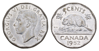 Канада 5 центов 1952 бобр Dot, Георг VI (1936-1952) KM 42a хромированная сталь aUNC 4636-557