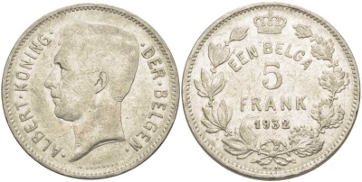 БЕЛЬГИЯ 5 ФРАНКОВ 1932 АЛЬБЕРТ I, DER BELGEN KM 98 никель 3851-421