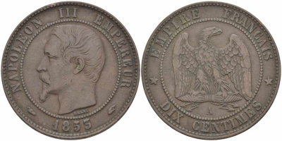 Франция 10 сантимов 1855 A, Наполеон III (1852-1870) KM 771.1, Le Franc 133.18 бронза    4680-523