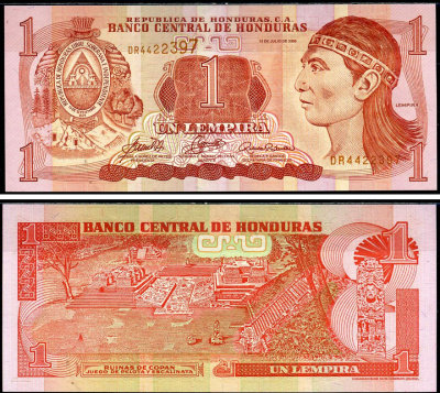 Гондурас 1 лемпира 2006 Индейский вождь Лемпира, руины древних Майя Pick 84e бумага UNC (пресс) 6283-21-1-1