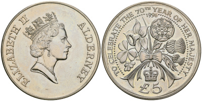 Олдерни 5 фунтов 1996 70 лет со дня рождения Королевы Елизаветы II KM 15 медно-никель 118-635