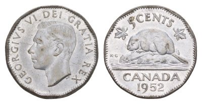 Канада 5 центов 1952 бобр Dot, Георг VI (1936-1952) KM 42a хромированная сталь aUNC 4636-557
