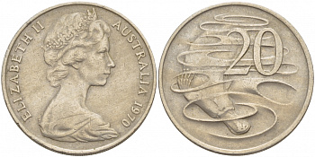 Австралия 20 центов 1970 Елизавета II (1952-2022), утконос KM 66 медно-никель 215-816