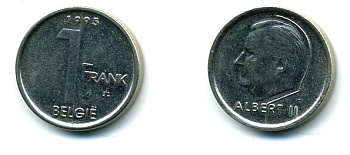БЕЛЬГИЯ 1 ФРАНК 1995 BELGIE KM 171 сталь плакированная никелем 25-1442