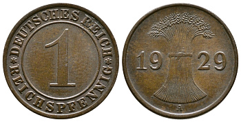 ГЕРМАНИЯ 1 РЕЙХСПФЕННИГ 1929 A KM 37, J. 313 бронза 4380-1156