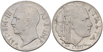 ИТАЛИЯ 20 ЧЕНТЕЗИМО 1942 R, ГОД XX, ВИКТОР ЭММАНУИЛ III (1900-1946), МАГНИТНАЯ, ГУРТ РИФЛЁНЫЙ KM 75b, VEM3. 1029 нержавеющая сталь 3853-446