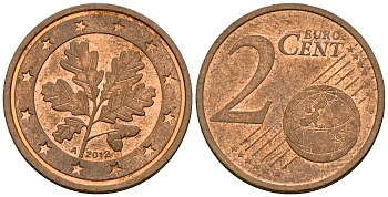 ФРГ 2 евроцента 2012 A KM 208 сталь плакированная медью 4585-123