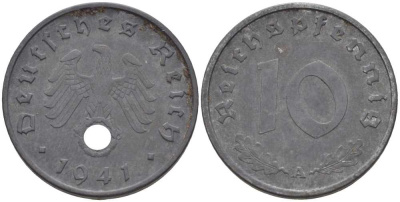 ГЕРМАНИЯ 10 РЕЙХСПФЕННИГОВ 1941 A KM 101, J. 371 цинк 212-816