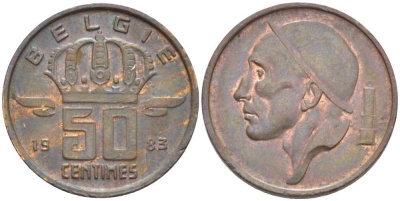 БЕЛЬГИЯ 50 САНТИМОВ 1983 BELGIE, БОДУЭН I (1951-1993) KM 149.1 бронза 116-1035