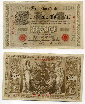 Германия 1000 марок 1910 красная печать, 7 значный номер Pick 44 b  бумага   8610-33-1-2