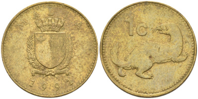 Мальта 1 цент 1991 ласка, горностай KM 93 никель латунь 4585-1167