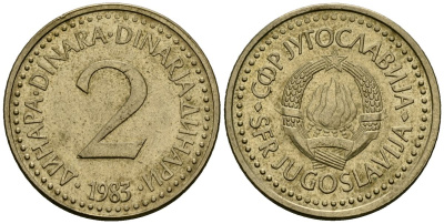 Югославия 2 динара 1983 KM 87 никель латунь 4167-1034