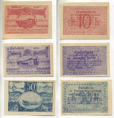 АВСТРИЯ НАБОР ИЗ 3 БАНКНОТ 1920 1 ИЮЛЯ 1920-31 ДЕКАБРЯ 1920, НОТГЕЛЬД, 10, 20, 50 ГЕЛЛЕРОВ, BELLER бумага aUNC 6280-40-4-1