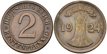 Германия 2 рентенпфеннига 1924 D KM 31, J.307, Weege 3 медь 4584-616