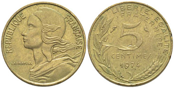 ФРАНЦИЯ 5 САНТИМОВ 1974 ТИП MARIANNE KM 933, LE FRANC 125.10 алюминиевая бронза 116-445