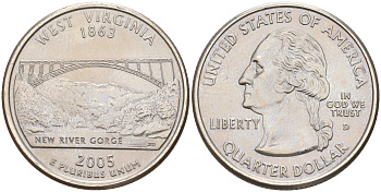 США 25 центов = квотер 2005 D, серия штаты США, Западная Вирджиния KM 374 медь плакированная медно-никелем 190-431