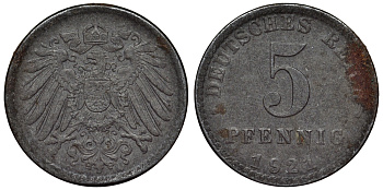 Германия 5 пфеннигов 1921 A KM 19, J. 297, Weege 5 железо 4118-1113