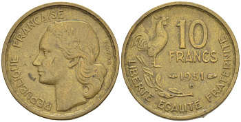 Франция 10 франков 1951 B, петух KM 915.2, Le Franc 363.5 алюминиевая бронза 4525-957