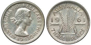 Австралия 3 пенса 1961 m, Елизавета II (1952-2022) KM 57 серебро 71-762