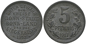 Бонн и Зигкрайс (Пруссия, Рейн) 5 пфеннигов 1917  Funck 52.1, Men05 3234.1, Men18 4150.1 цинк     4136-117