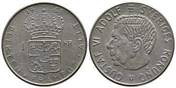 Швеция 1 крона 1968 Густав VI Адольф (1950-1973) KM 826a медь плакированная медно-никелем 4179-722
