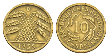 Германия 10 рейхспфеннигов 1935 D KM 40, J. 317 алюминиевая бронза 4549-921